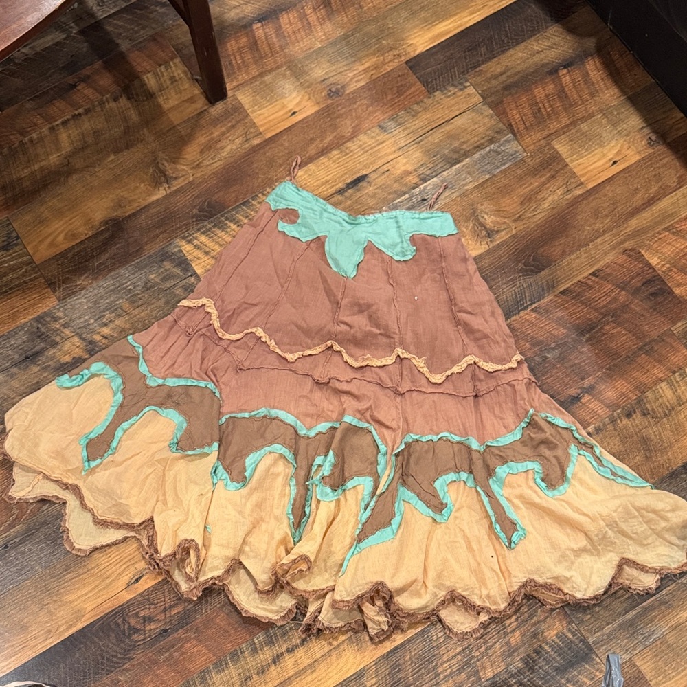 Brown and Tan Women's Skirt with Green Accents